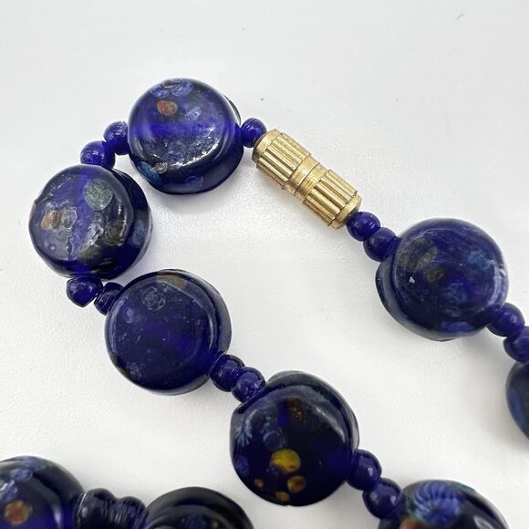 Art Glass Necklace Cobalt Blue Speckled Pressed Disc Style and Seed Beads 20" - Picture 8 of 10